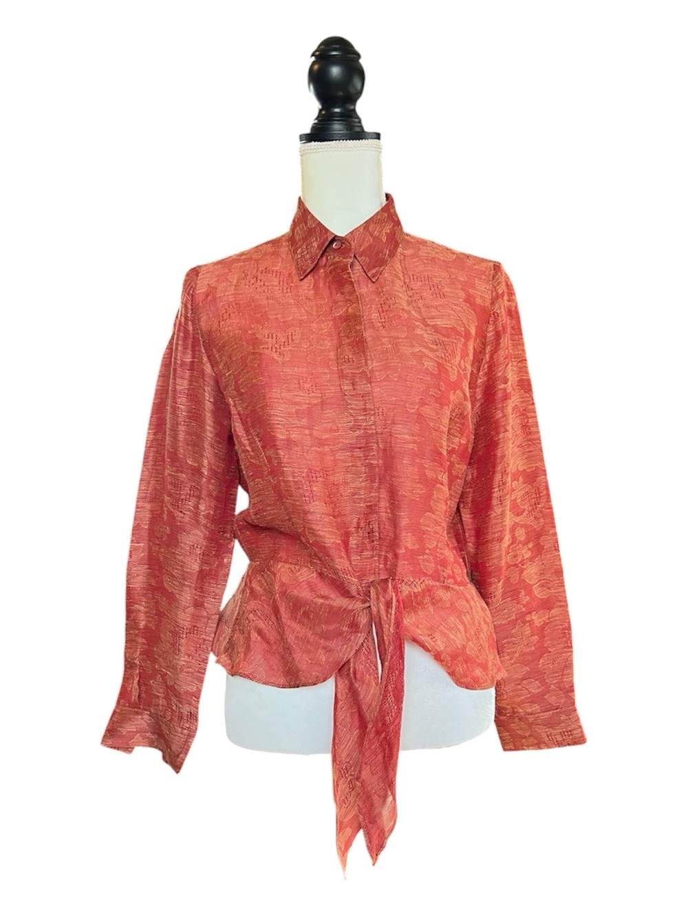 Lafayette 148 Red Silk and Linen Floral Jacquard Tie Front Blouse Size 8